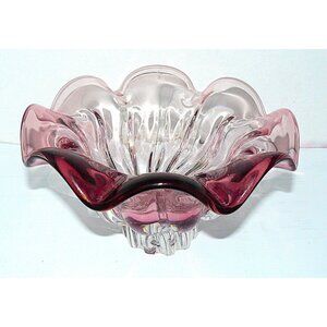 VTG Arsis Murano Style Art Glass Bowl Wavy Edge Pink & Clear Hand-Blown Crystal